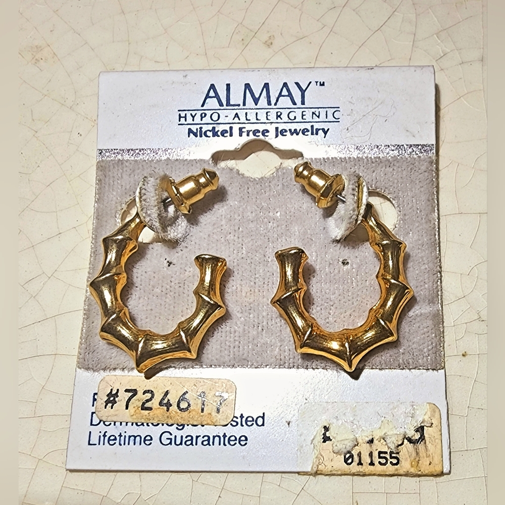 Vintage Almay gold bamboo ribbed half hoop post earrings, luxury, old money